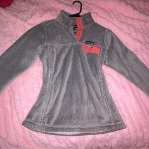 Gray Patagonia Pullover with Coral Accents
